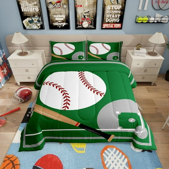 Baseball Comforter Set Queen Size Baseball Bedding Set Teens,Sports Themed Down Comforter Green Ball Gaming Quilt Bed Set Baseball Room Decor with 2 Pillowcases