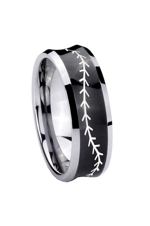 Baseball Concave Black Tungsten Men Ring 10MM