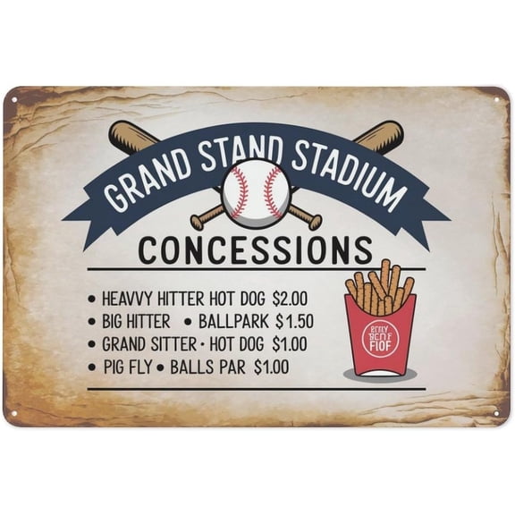 Baseball Concessions tin sign Vintage Grand Stand Stadium metal sign print Suitable for room bathroom cave bar cafe garage garden and outdoor decoration 8X12 inch