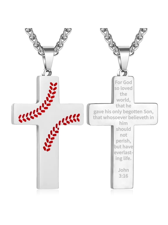 Baseball Cross Necklace for Men Stainless Steel Cross Pendant Chain First Communion Confirmation Religious Christian Jewelry Gift, Inspirational Bible Verse Silver Necklaces