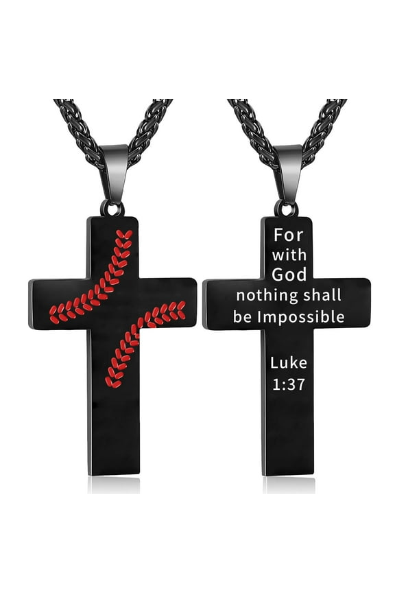 Baseball Cross Necklace for Men Stainless Steel Cross Pendant Chain First Communion Confirmation Religious Christian Jewelry Gift, Inspirational Bible Verse Luke 1:37 Black Necklaces