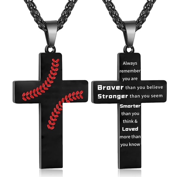 Baseball Cross Necklace for Men Stainless Steel Cross Pendant Chain First Communion Confirmation Religious Christian Jewelry Gift, Inspirational Bible Verse Black Necklaces
