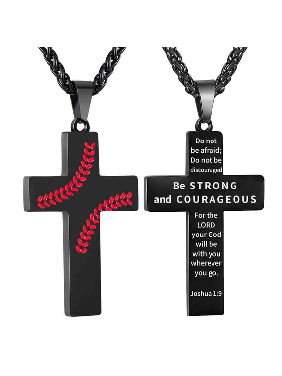 Baseball Cross Necklace for Men Stainless Steel Cross Pendant Chain First Communion Confirmation Religious Christian Jewelry Gift, Inspirational Bible Verse Black Necklaces Stuff Accessory