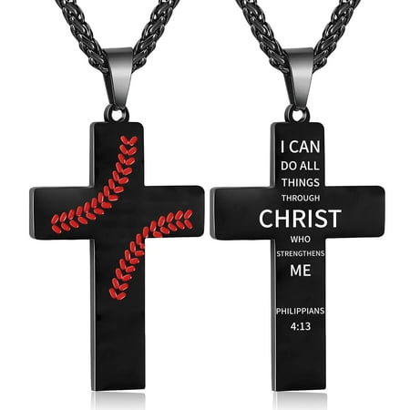Baseball Cross Necklace for Men Stainless Steel Cross Pendant Chain First Communion Confirmation Religious Christian Jewelry Gift, Inspirational Bible Verse Philippians 4:13 Black Necklaces