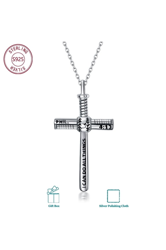 Baseball Cross Necklace Sterling Silver Sports Baseball Bat Cross Necklace Strength Bible Verse Cross Pendant Jewelry Gifts for Women