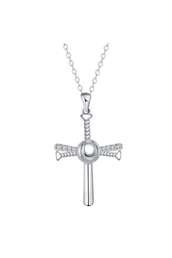 Baseball Cross Necklace for Women, Sterling Silver Sports Pendant Baseball Bat Cross Necklace, 18+2"