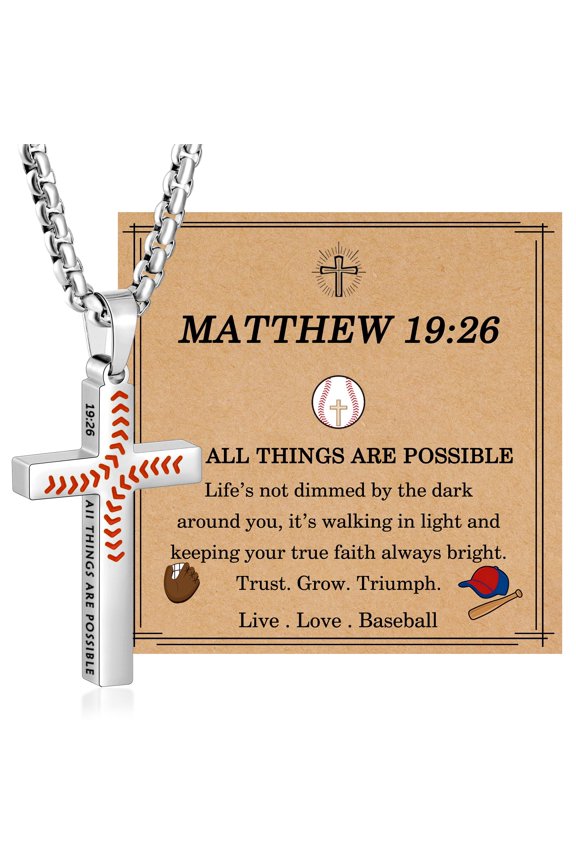 Baseball Cross Necklaces for Him, Colourfast Stainless Steel Bible Verse Cross Chain Pendant Necklace Baseball Accessories Stuff Confirmation First Communion Gifts