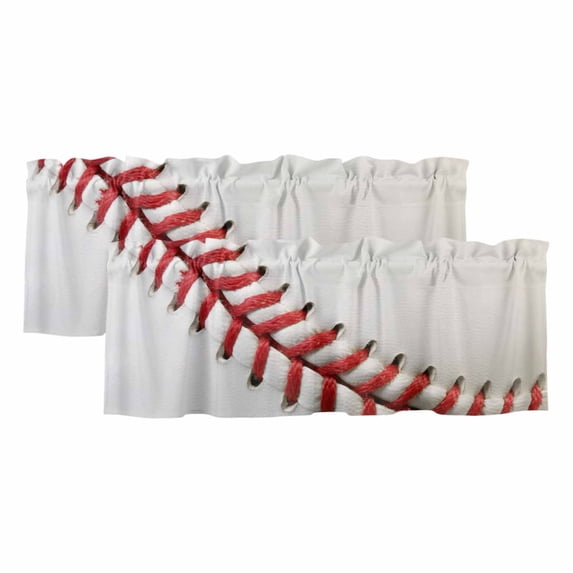 Baseball Curtain Valances for Windows, Kitchen Valance Window Treatments Panel 2 Pack, Red White Texture Sports Ball Minimalist Rod Pocket Short Curtains for Bathroom Bedroom 42 x 12 Inch