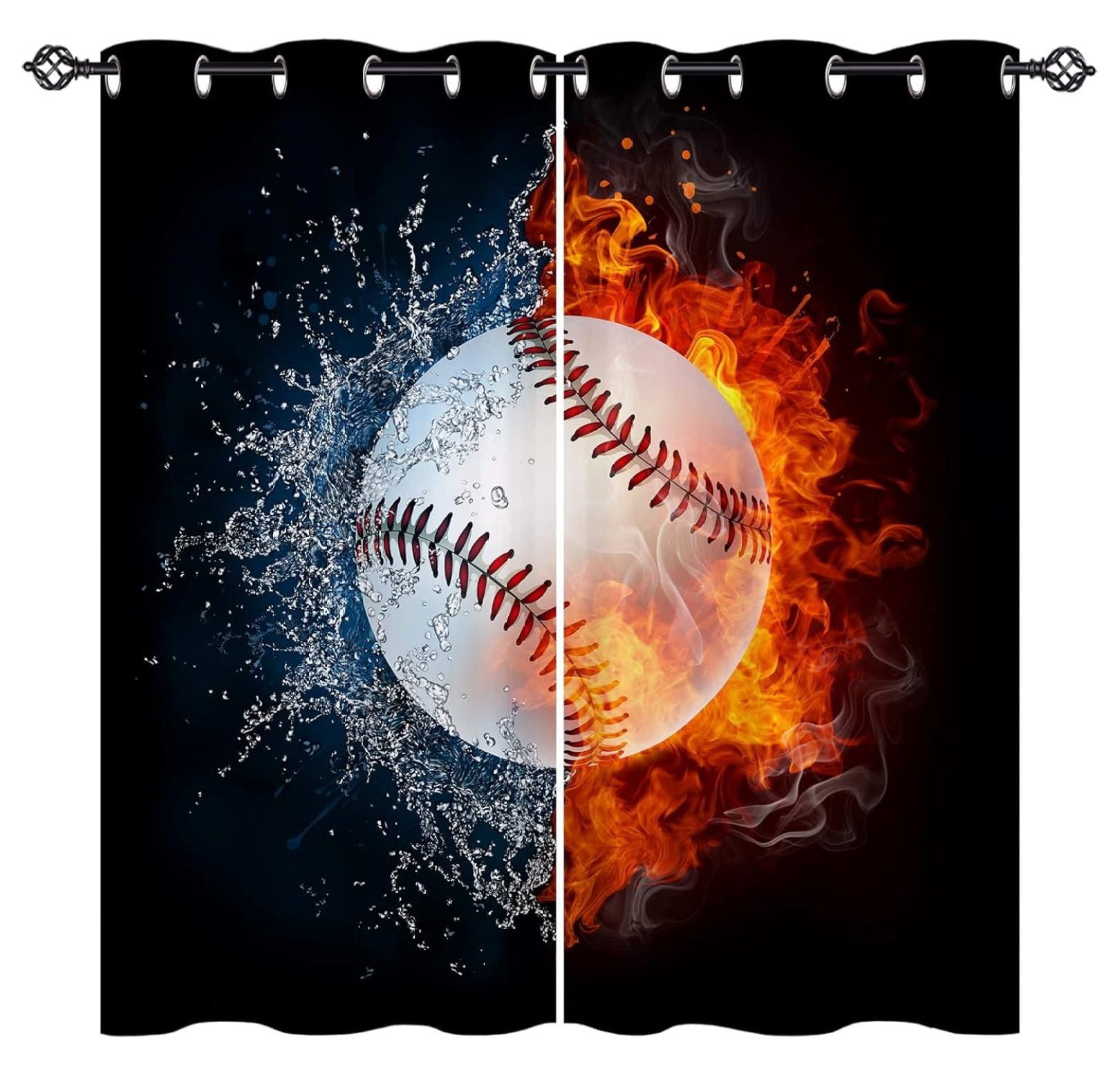 Softball Curtains For Kids Boys - Yellow Baseball Window Curtains 2 Panels 42x84 Inches, Watercolor Sports Design, Velvet Fabric