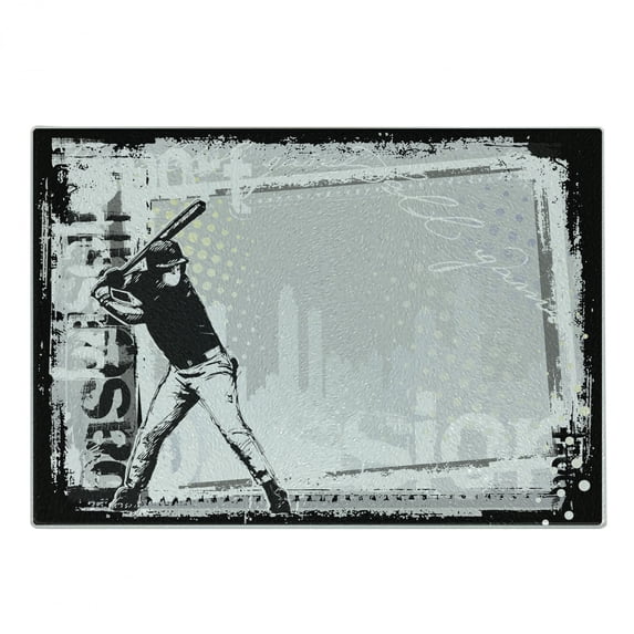Baseball Cutting Board, Hitter in Field Graphic Distressed Backdrop Fast as You Can Image Baseball Themed, Decorative Tempered Glass Cutting and Serving Board, Small Size, Black White, by Ambesonne