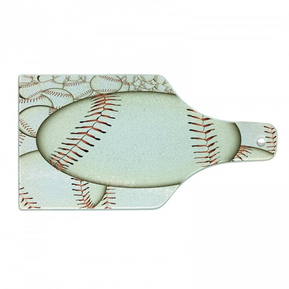 Baseball Cutting Board, Pattern of Baseball Balls Background Home Run Rules of the Game Success Score Print, Tempered Glass Cutting and Serving Board, Wine Bottle Shape, Cream Red, by Ambesonne