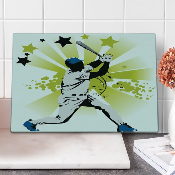 Baseball Cutting Board, Pitcher Hits the Ball Fast Stars All over the Bat Speed Strong Game Team Graphic, Decorative Tempered Glass Cutting and Serving Board, Large Size, White Green, by Ambesonne