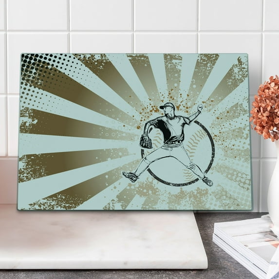 Baseball Cutting Board, Retro Illustration of Baseball Player on Distressed Striped Pattern Pop Art Image, Decorative Tempered Glass Cutting and Serving Board, Large Size, Brown White, by Ambesonne