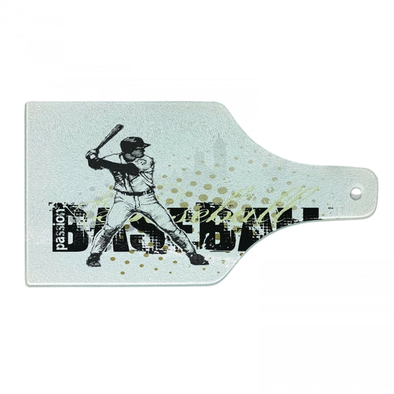 Baseball Cutting Board, Softball Background Dots and Grunge Dark Lettering Batting Team Game, Decorative Tempered Glass Cutting and Serving Board, Wine Bottle Shape, Black Yellow White, by Ambesonne