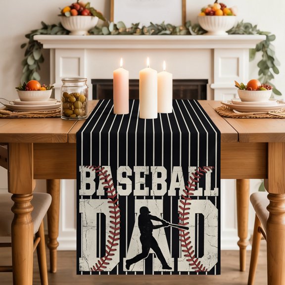 Baseball Dad Table Runner, Father's Day Strip Sport Black Background Washable Cotton-linen Table Runners Dining Kitchen Decoration for Everyday Home Wedding Party Decor, 13 x 36 Inch