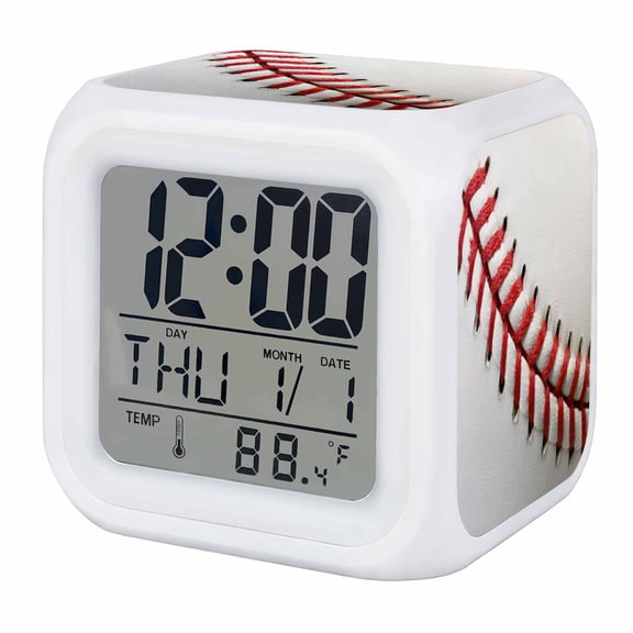 Baseball Digital Alarm Clock for Bedrooms, Smart LED Alarm Clock with 7 Color Changing Night Light, Red White Texture Sports Ball Minimalist Silent Wake Up Clocks for Sleep Study Cooking 3.2"x3.2"