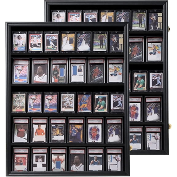 Baseball Display Case - 35 Graded Sports Card Frame - Holds Cards with UV Protection Clear View Lockable Wall Cabinet for Football Basketball Trading - Vertical - 2Pack