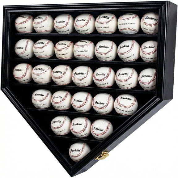 Baseball Display Case Frame Shadow Box Wall Cabinet Holder to Hold 30 Balls, with Lockable Anti Fade UV Protection Acrylic Door for Homerun and Autograph Balls, Black Frame