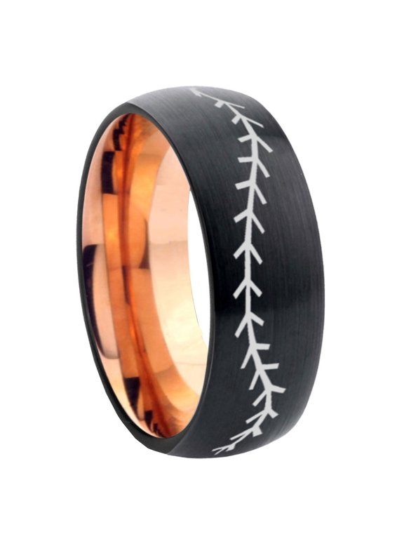 Baseball Dome Black And Rose Gold Tungsten Wedding Ring 10MM