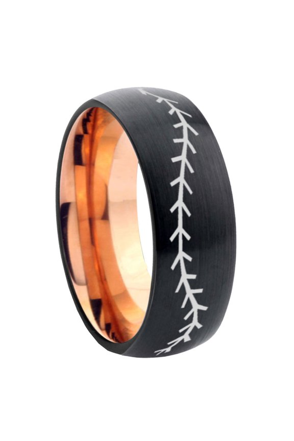 Baseball Dome Black And Rose Gold Tungsten Wedding Ring 10MM