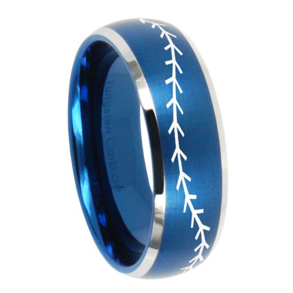 Baseball Dome Brushed Finish Blue Tungsten Men Ring 10MM