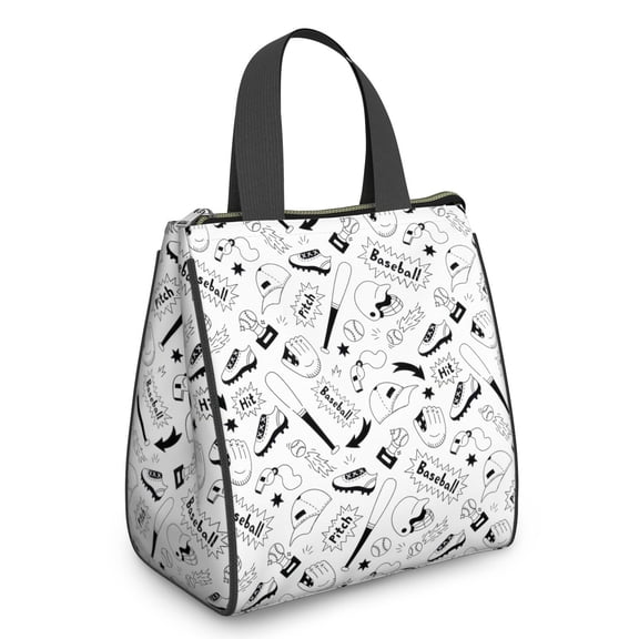 Baseball Doodle Pattern Insulated Lunch Bag for Women & Adults,Large Portable Soft Cooler Lunch Bag,Thermal Food Storage Tote with Pearl Cotton,8.66L,8.75x5.75x9.5 Inch