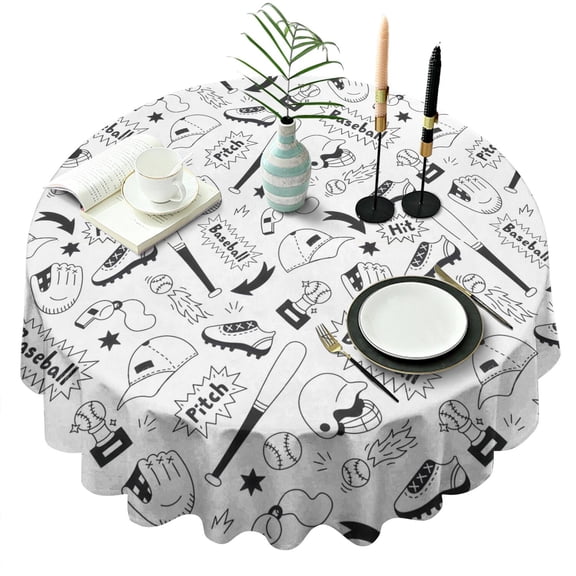 Baseball Doodle Pattern Round Tablecloth 60"x60",Wrinkle Wipeable Table Cloth for Kitchen Dining Room Picnic Patio Party