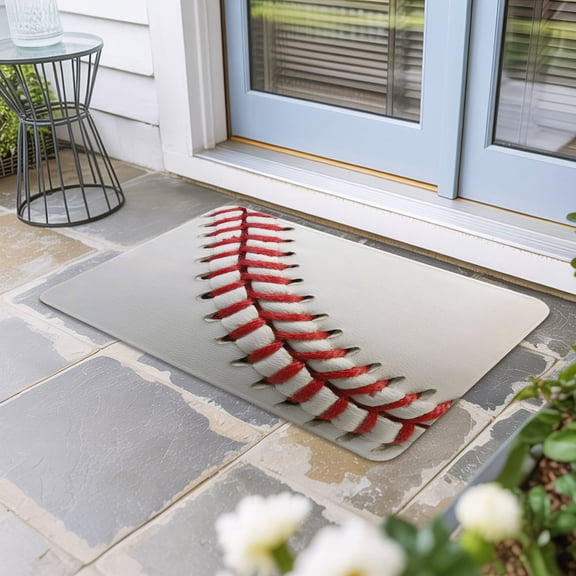 Baseball Door Mat Indoor Outdoor, Red White Texture Sports Ball Minimalist Non Slip Welcome Mat with Rubber Backing, Absorbent Fabric Front Door Mats Entryway Rug for Home Patio Entrance 16"x24"