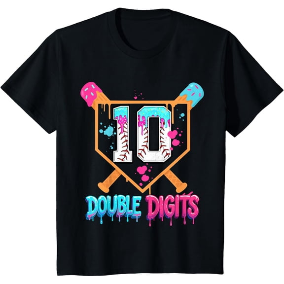 Baseball Drip 10th Birthday Boy Double Digits Ice Cream Drip T-Shirt