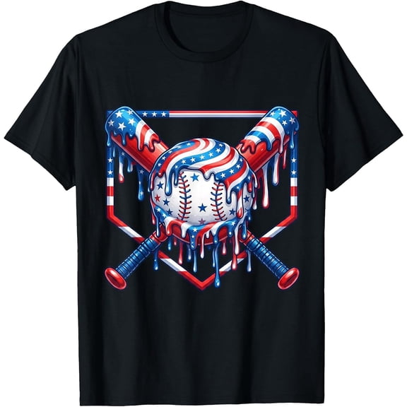 Baseball Drip American Flag for Boys Kids Youth 4th of July T-Shirt, T-Shirt for Kids Youth, 180gsm, 100% Cotton