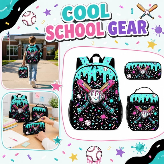 Baseball Drip Backpack 3 Piece Matching Set Fashion Sport Street Style Bookbag Lunch Bag Pencil Case Suitable for School Travel Work Gym Use