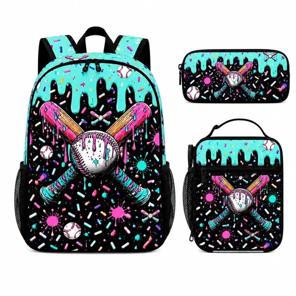 Baseball Drip Backpack Set 3 Piece with Lunch Bag Pencil Pouch, Sporty Street Style Bookbag for Travel Work Gym, One Size