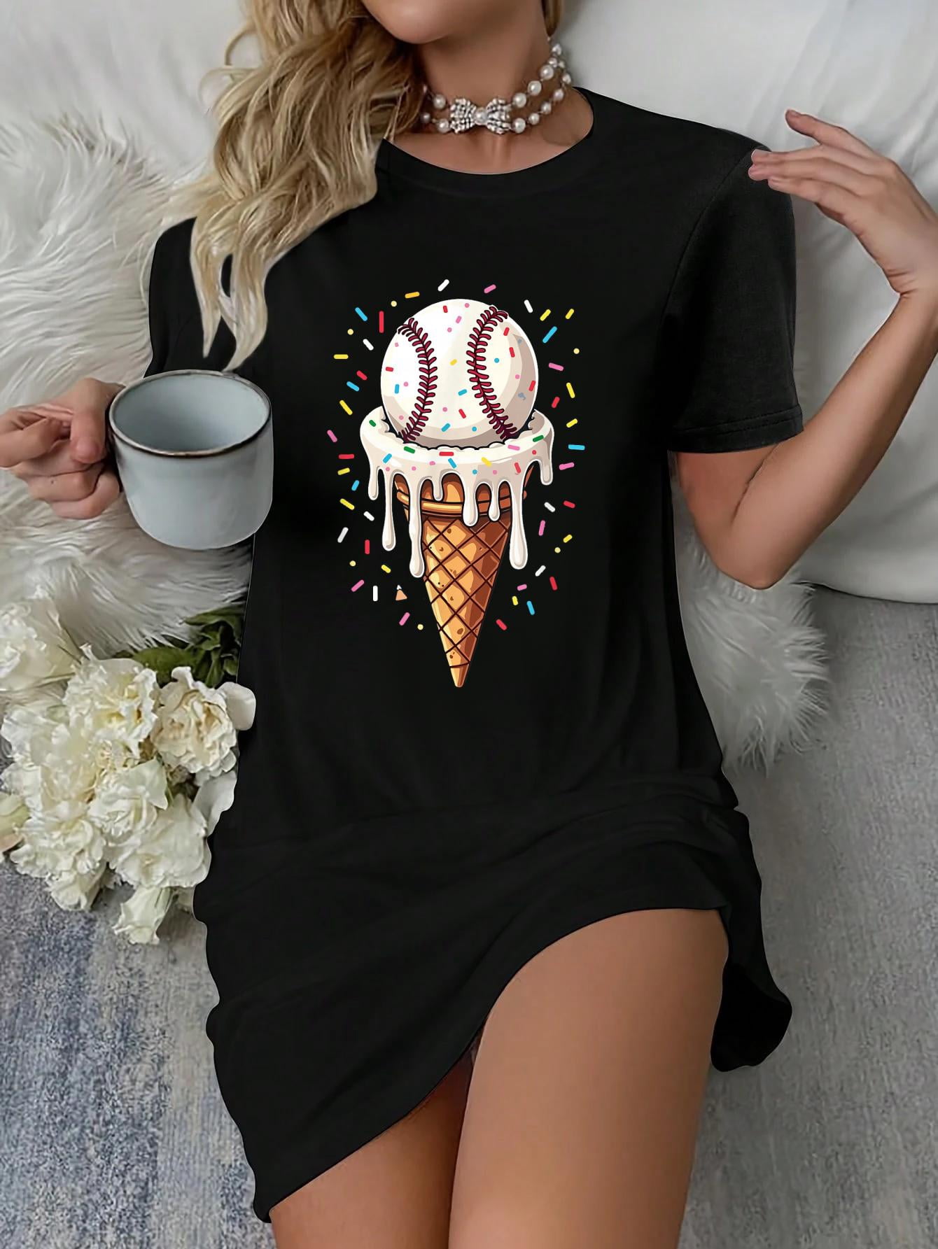 LGY Baseball Drip Boys Ice Cream Cone Drip Baseball T-Shirt Dress Casual Summer Dress Everyday Outfit, Women's, Size: Small, Black