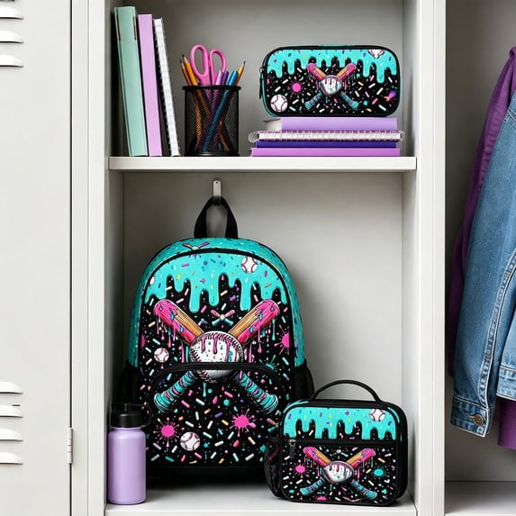 Baseball Drip Graphic Backpack Set, Ice Cream Drip Art Style School Kit, Matching Lunch Bag And Pencil Pouch, Great Gift Choice For Back‑To‑School Occasions