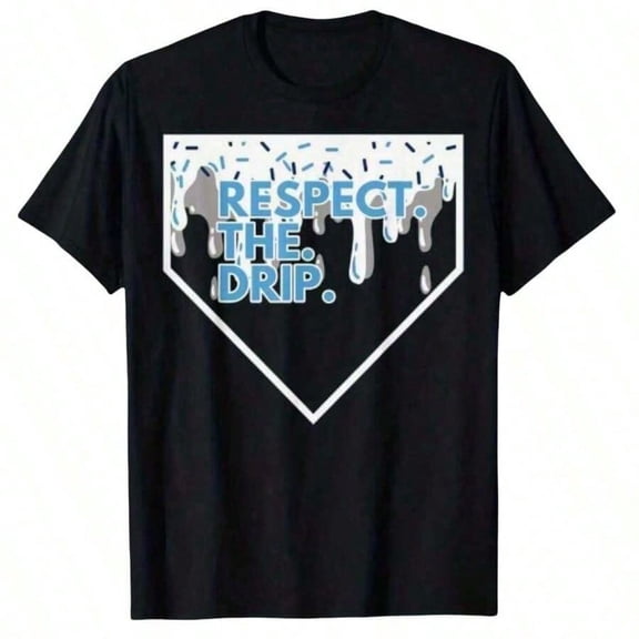 Baseball Drip Ice Cream Powder T-Shirt - Pure Cotton, Breathable And Moisture Wicking, Black With Blue RESPECT THE DRIP Pattern, Casual Streetwear Summer T-Shirt, Perfect Gift For Young People, Yout