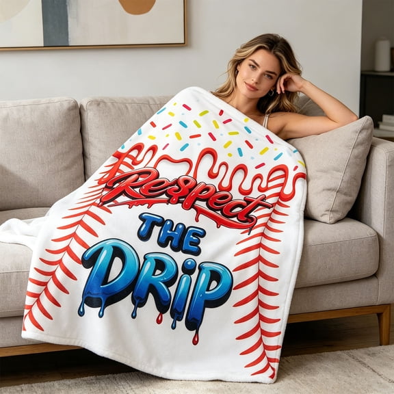 Baseball Drip Print Flannel Blanket, Soft Cozy Throw with "Respect The Drip" Design, Customizable Option