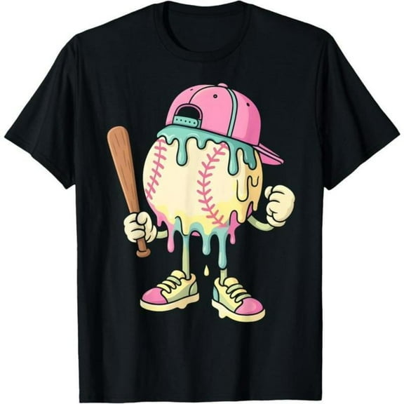 Baseball Drip T-Shirt, Ice Cream Print Graphic Tees for Women, Cute Soft style Tops，Crew neck，Funny，cotton，black，S-5XL