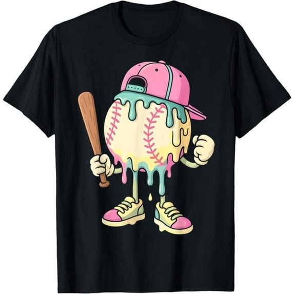 Baseball Drip T-Shirt, Ice Cream Print Graphic Tees for Women, Cute Soft style Tops,Crew neck,Funny,cotton,black,S-5XL