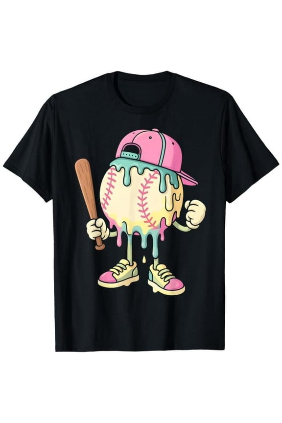 Baseball Drip T-Shirt, Ice Cream Print Graphic Tees for Women, Cute Soft style Tops,Crew neck,Funny,cotton,black,S-5XL