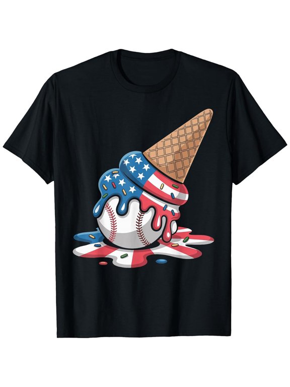 Baseball Drip Youth Cool Boys Graphic Tee Ice Cream US Flag T-Shirt, T-Shirt for Kids Youth, 180gsm, 100% Cotton