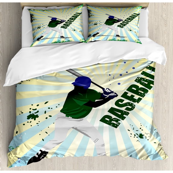 Baseball Duvet Cover Set, Grunge Softball Batter Gear Athlete Competition Action Retro Illustration, Decorative 3 Piece Bedding Set with 2 Pillow Shams, Calking Size, Green Yellow, by Ambesonne