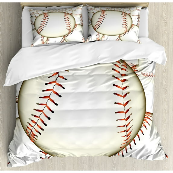 Baseball Duvet Cover Set, Pattern of Baseball Balls Background Home Run Rules of the Game Success Score Print, Decorative 3 Piece Bedding Set with 2 Pillow Shams, King Size, Cream Red, by Ambesonne