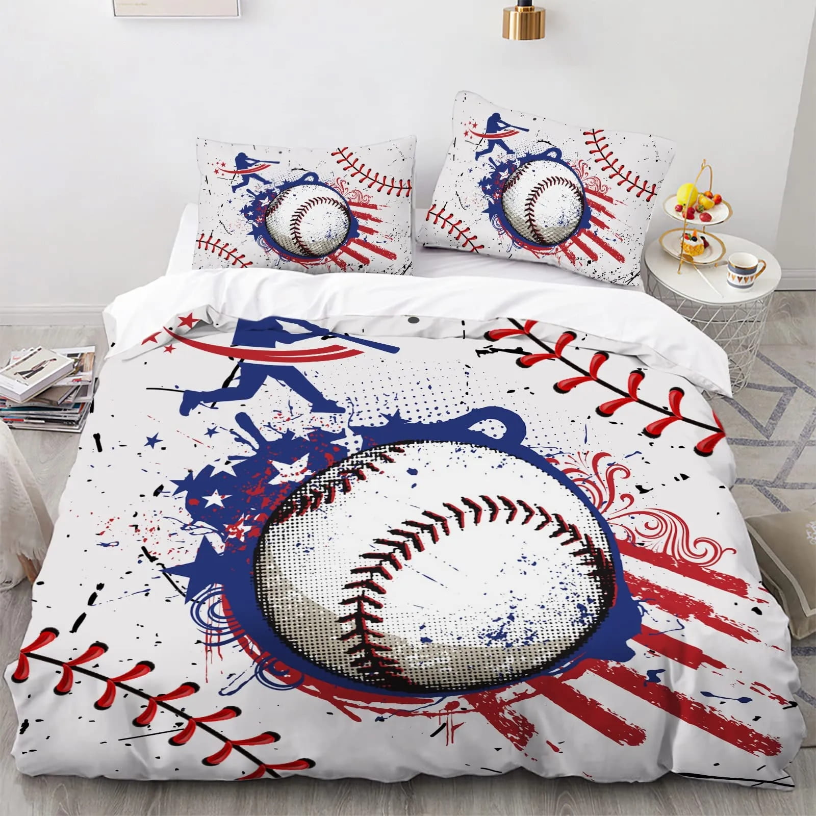 Baseball Duvet Cover Set Queen Size for Teen Boy Room Decor Fire and