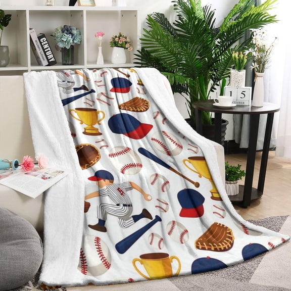 Baseball Elements and Trophies Pattern Blanket,Comfortable Soft Lamb Wool Throw Blanket,All Season,Warm Lightweight Blankets for Sofa Bed Couch Living Room Chair,60"x80"