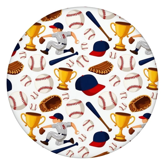 Baseball Elements and Trophies Pattern Round Fitted Tablecloth with Elastic Edge,Dining Table Cover Waterproof,Outdoor Round Tablecloth for Camping,Dining,Indoor and Outdoor