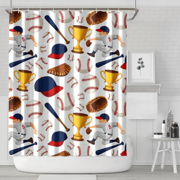 Baseball Elements and Trophies Pattern Shower Curtain 84"x72" ,Bathroom Decorative Shower Curtains Set with 12 Hooks,Modern Waterproof Washable Shower Curtain