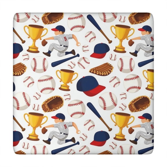 Baseball Elements and Trophies Pattern Square Fitted Tablecloth with Elastic Edge,Square Table Cover,Washable Elastic Table Cover for Home Kitchen Party Decor 34"x34"