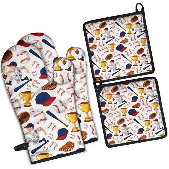 Baseball Elements and Trophies Pattern Kitchen Oven Mitt and Pot Holder Sets 2 Pcs for Baking, Cooking and Grilling, Heat Resistant Up To 392 °F