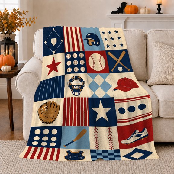 Baseball Equipment Patchwork Grid Classic Americana Sporty Design, Cozy Celestial Scene, Warm Flannel Blanket for Living Room and Bedroom, Art Lovers Housewarming Gift, Celestial Home Decor