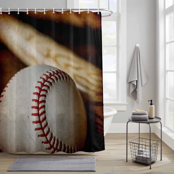 Baseball Fabric Shower Curtain for Bathroom Retro Sport Waterproof Polyester Bath Curtain with 12 Hooks Washable Shower Curtain with Grommets 36"x72"